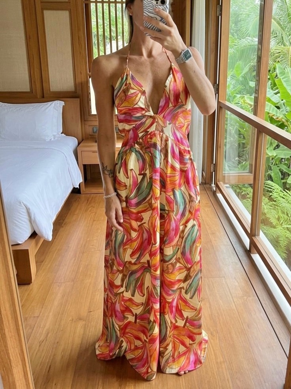 FARM Rio x Anthropologie Plunge-Neck Tropical Print Maxi Dress Size Medium NWT